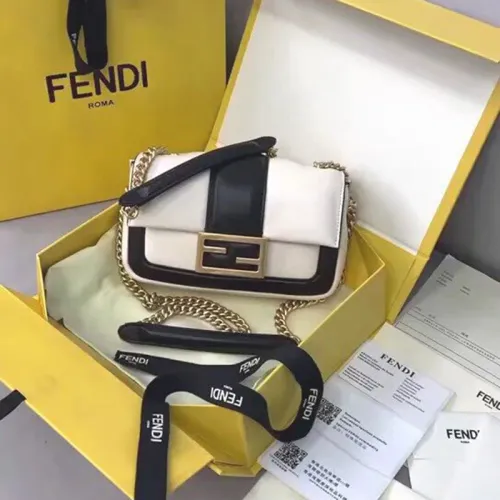 Fendi Womens Bag MINI BAGUETTE CHAIN Black and White Nappa Leather Bag