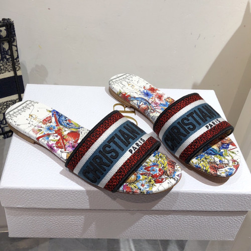 Dior Women Shoes DWAY HEELED SLIDE Embroidered Cotton Luxury Brand Womens Sandals Slippers with Original Box KCQ244ERC_S56B
