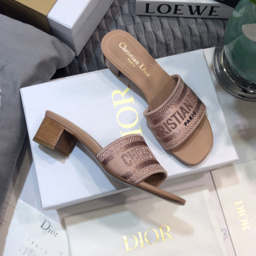 Dior Women Shoes DWAY HEELED SLIDE Embroidered Cotton Luxury Brand Womens Sandals Slippers with Original Box KCQ244ERC_S56B