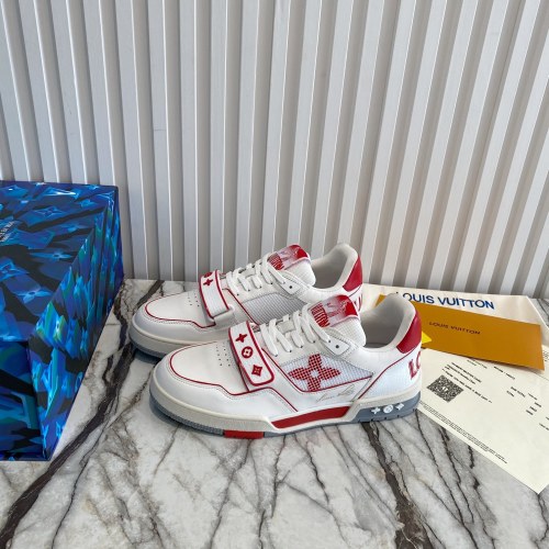 Louis Vuitton Men Shoes Fashion Sneakers Design Luxury Brand LV TRAINER SNEAKER Red Calf leather Velcro strap with Original Box 1A98VV