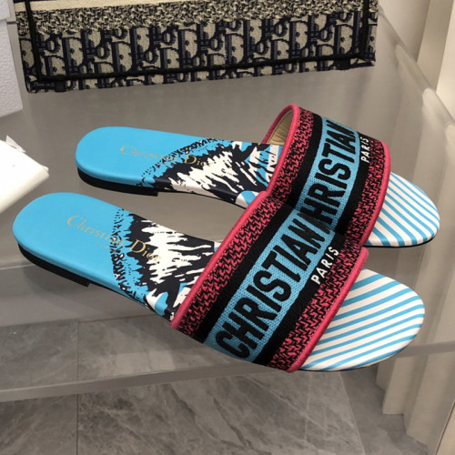 Dior Women Shoes DWAY HEELED SLIDE Embroidered Cotton Luxury Brand Womens Sandals Slippers with Original Box KCQ244ERC_S56B
