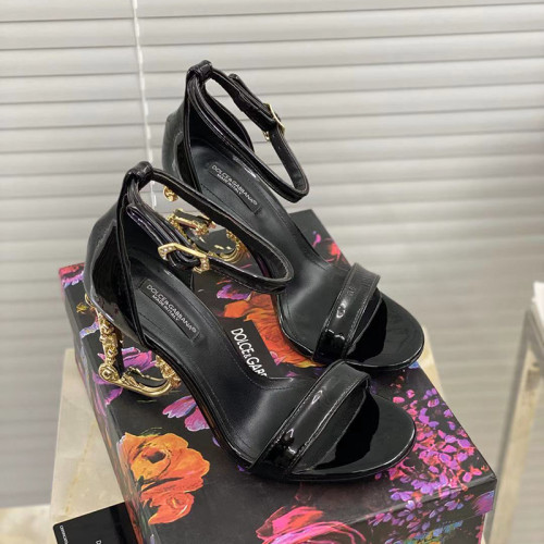 Dolce & Gabbana Womens Shoes Polished Calfskin Sandals with DG Baroque Heel 9cm