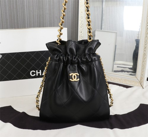 Chanel Womens Bags Drawstring Backpack shopping bag Shiny Lambskin & Gold-Tone Metal Black
