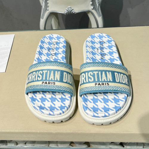 Dior Women Shoes Slippers DWAY SLIDE Luxury Brand DWAY SLIDE Cornflower Blue Embroidered Cotton with Micro Houndstooth Motif with Original Box KCQ550PPE_S11N