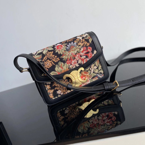 Celine Womens Bag TEEN TRIOMPHE BAG IN FLORAL JACQUARD AND CALFSKIN