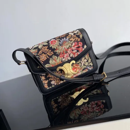Celine Womens Bag TEEN TRIOMPHE BAG IN FLORAL JACQUARD AND CALFSKIN
