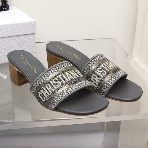 Dior Women Shoes DWAY HEELED SLIDE Embroidered Cotton Luxury Brand Womens Sandals Slippers with Original Box KCQ244ERC_S56B