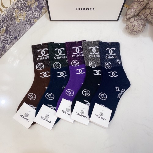 Chanel Socks 5 Pairs with Original Box Luxury Brand Breathable Chanel Sock