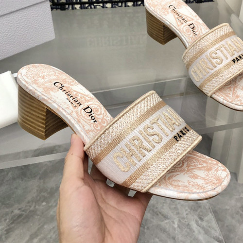 Dior Women Shoes DWAY HEELED SLIDE Embroidered Cotton Luxury Brand Womens Sandals Slippers with Original Box KCQ244ERC_S56B