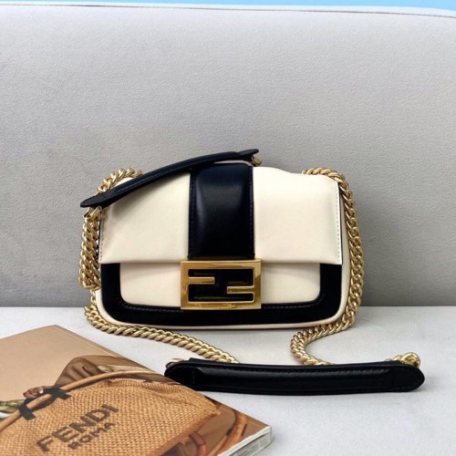 Fendi Womens Bag MINI BAGUETTE CHAIN Black and White Nappa Leather Bag
