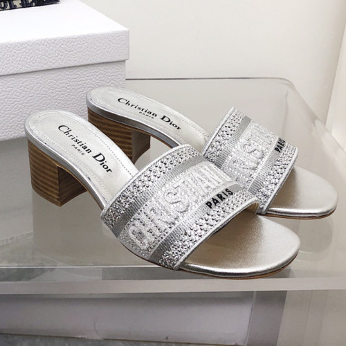 Dior Women Shoes DWAY HEELED SLIDE Embroidered Cotton Luxury Brand Womens Sandals Slippers with Original Box KCQ244ERC_S56B