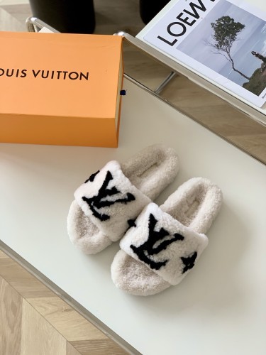 Louis Vuitton Womens Shoes Slide Slippers for Winter Wool Fabric Luxury Brand Designer PASEO FLAT COMFORT MULE with Original Box