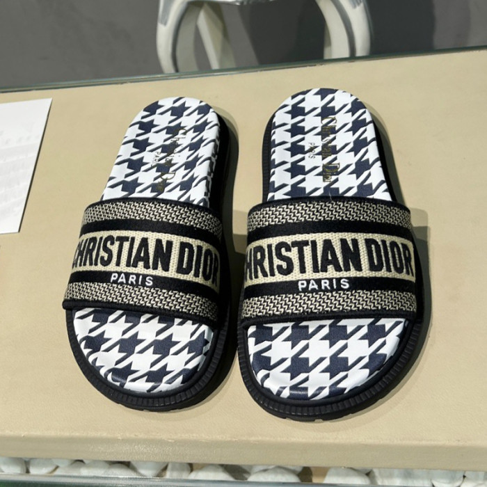 Dior Women Shoes Slippers DWAY SLIDE Luxury Brand DWAY SLIDE Cotton Embroidery with Micro Houndstooth with Original Box KCQ550PPE_S19O
