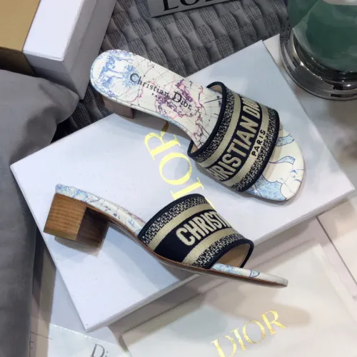 Dior Women Shoes DWAY HEELED SLIDE Embroidered Cotton Luxury Brand Womens Sandals Slippers with Original Box KCQ244ERC_S56B