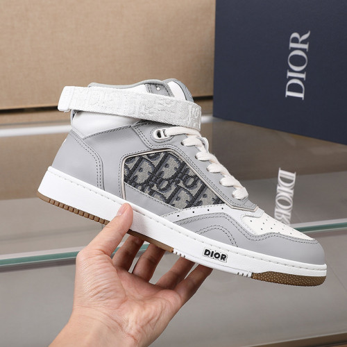 Dior Men Shoes Sneakers Luxury B27 High-Top Sneaker Gray And White Smooth Calfskin With Beige And Black Dior Oblique Jacquard