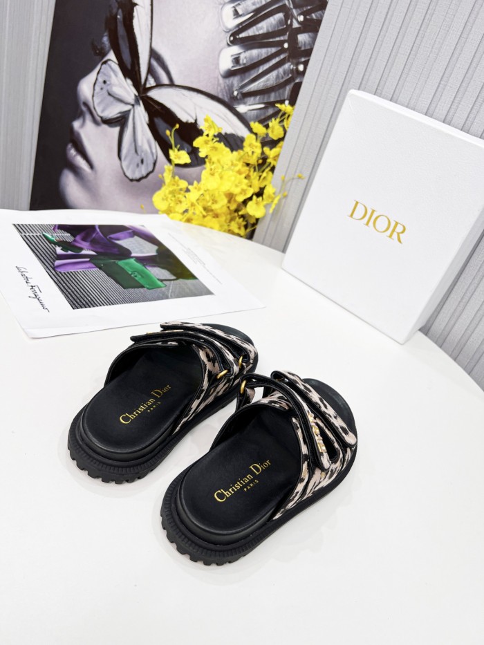 Dior Women Shoes Sandals Luxury Brand DIORACT SLIDE Beige Multicolor Mizza Printed Technical Fabric Lambskin with Original Box KCQ719LNY_S29X