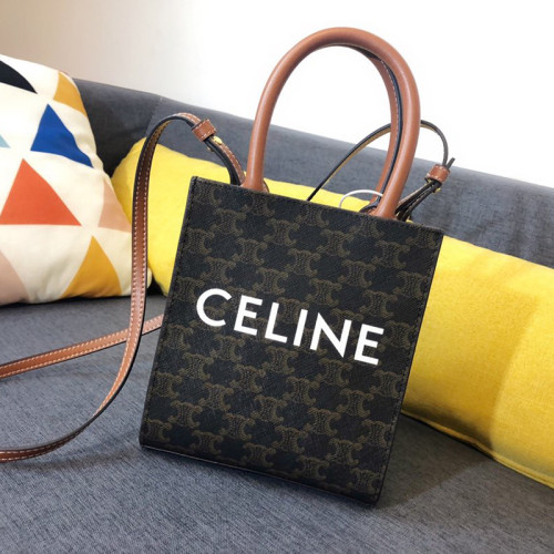 Celine Womens Bag MINI VERTICAL CABAS IN TRIOMPHE CANVAS WITH CELINE PRINT TAN 194372BZK.04LU
