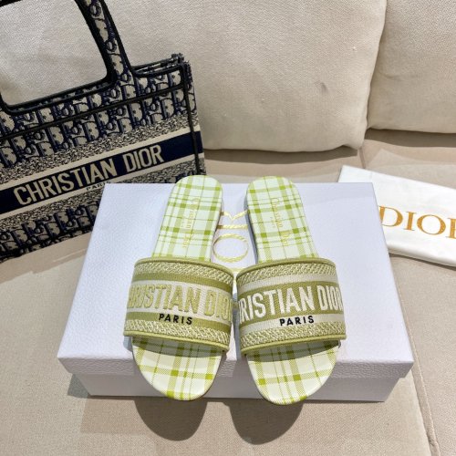 Dior Women Shoes DWAY HEELED SLIDE Embroidered Cotton Luxury Brand Womens Sandals Slippers with Original Box KCQ244ERC_S56B