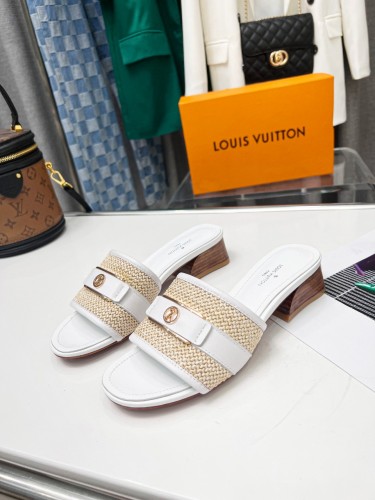 Louis Vuitton Womens Shoes Slide Slippers Luxury Brand Designer LOCK IT MULE 1AA17M Raffia and calf leather with Original Box 3.5cm Heel