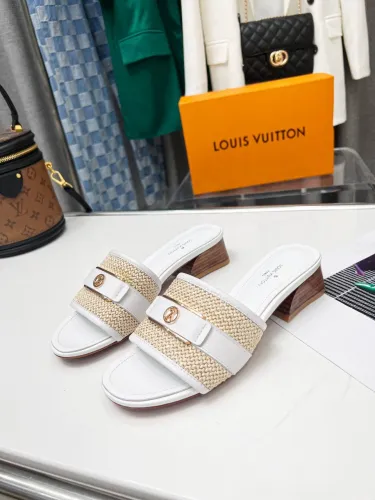 Louis Vuitton Womens Shoes Slide Slippers Luxury Brand Designer LOCK IT MULE 1AA17M Raffia and calf leather with Original Box 3.5cm Heel