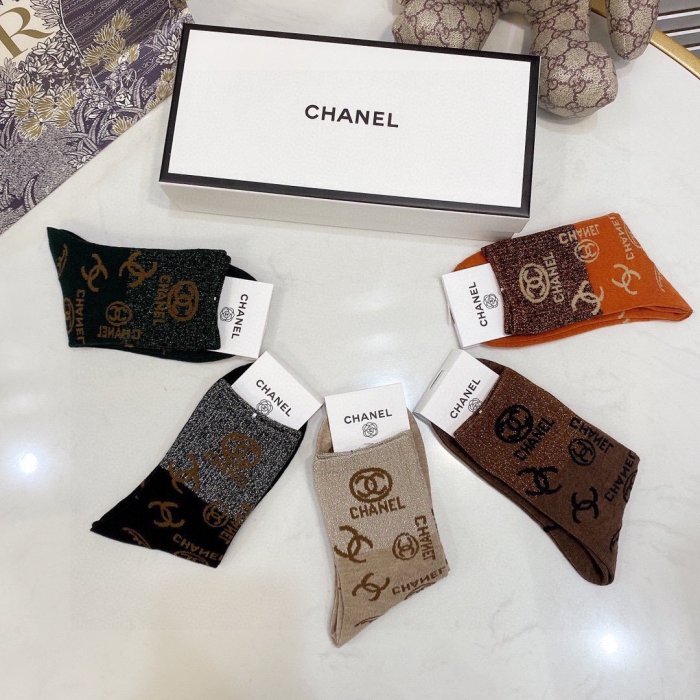 Chanel Socks 5 Pairs with Original Box Luxury Brand Breathable Chanel Sock