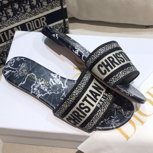 Dior Women Shoes DWAY HEELED SLIDE Embroidered Cotton Luxury Brand Womens Sandals Slippers with Original Box KCQ244ERC_S56B