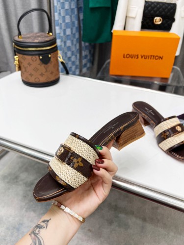 Louis Vuitton Womens Shoes Slide Slippers Luxury Brand Designer LOCK IT MULE 1AA17M Raffia and calf leather with Original Box 3.5cm Heel