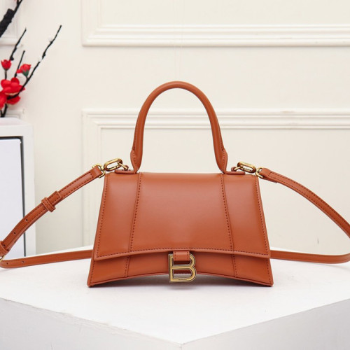 Balenciag Womens Bags Hourglass Medium Top Handle Bag in Brown Shiny Box Calfskin
