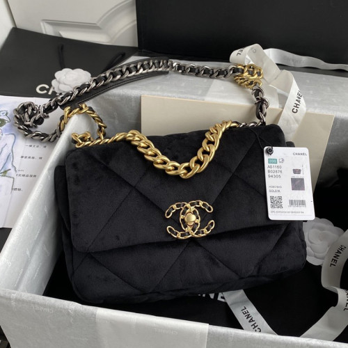Chanel Womens Bags Luxury Brand Chanel 19 Large Flap Bag Shoulder Bags Velvet, Black & Gold-Tone Metal