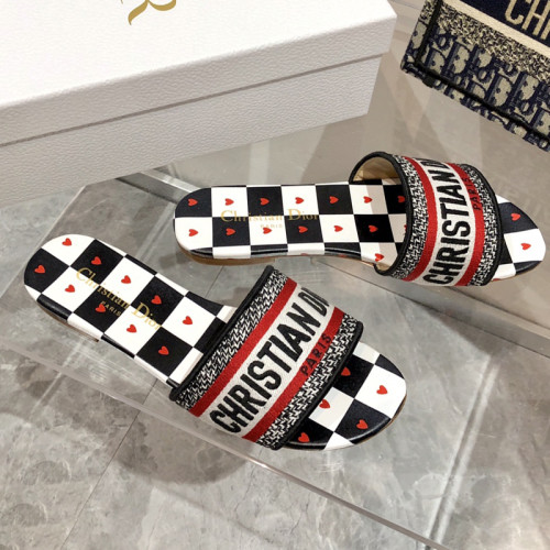 Dior Women Shoes DWAY HEELED SLIDE Embroidered Cotton Luxury Brand Womens Sandals Slippers with Original Box KCQ244ERC_S56B