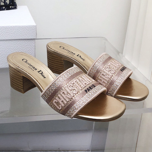 Dior Women Shoes DWAY HEELED SLIDE Embroidered Cotton Luxury Brand Womens Sandals Slippers with Original Box KCQ244ERC_S56B