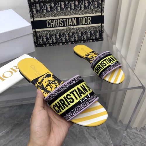 Dior Women Shoes DWAY HEELED SLIDE Embroidered Cotton Luxury Brand Womens Sandals Slippers with Original Box KCQ244ERC_S56B