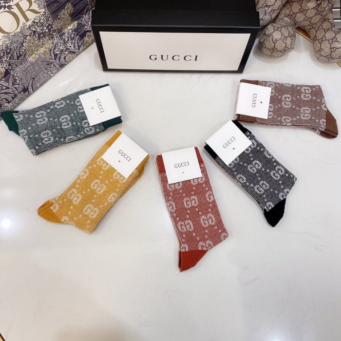 Gucci Socks 5 Pairs with Original Box Luxury Brand Breathable Gucci Sock