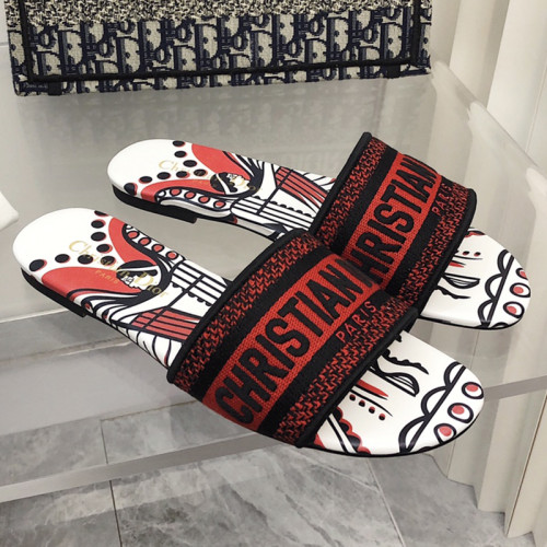 Dior Women Shoes DWAY HEELED SLIDE Embroidered Cotton Luxury Brand Womens Sandals Slippers with Original Box KCQ244ERC_S56B
