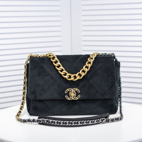 Chanel Womens Bags Crossbody Bag Chanel 19 Flap Bag Velvet, Black & Gold-Tone Metal Black