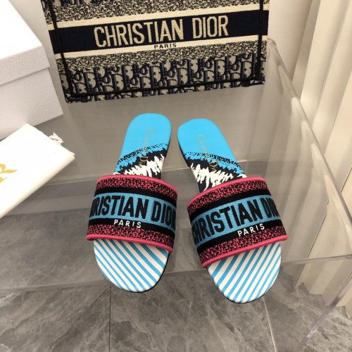 Dior Women Shoes DWAY HEELED SLIDE Embroidered Cotton Luxury Brand Womens Sandals Slippers with Original Box KCQ244ERC_S56B