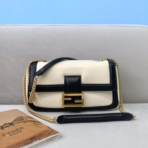 Fendi Womens Bag BAGUETTE CHAIN Black and White Nappa Leather Bag
