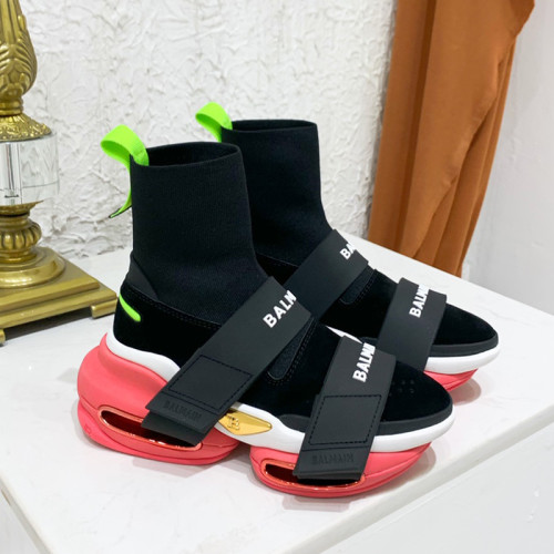 Balmain Women Shoes Sneakers Luxury Brand EXCLUSIVE - Black and pink high-top suede and knit BBold sneakers with strap TN0C498TKSEEAX
