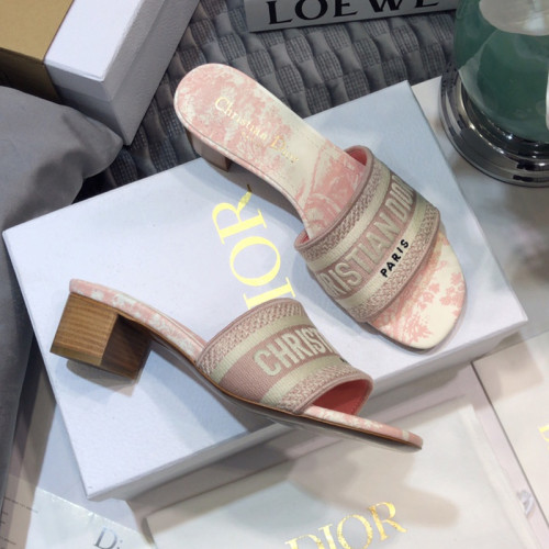 Dior Women Shoes DWAY HEELED SLIDE Embroidered Cotton Luxury Brand Womens Sandals Slippers with Original Box KCQ244ERC_S56B