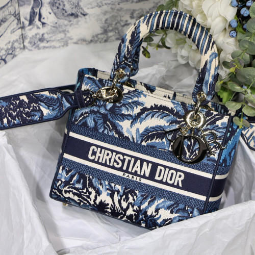 Dior Womens Bags Handbags Luxury Fashion MEDIUM LADY D-LITE BAG Blue Dior Palms Embroidery M0565OREU_M928