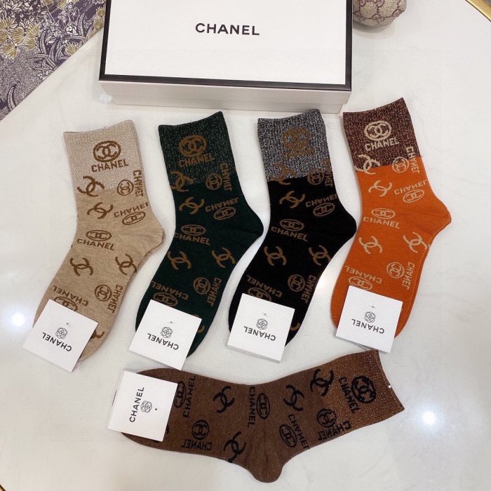 Chanel Socks 5 Pairs with Original Box Luxury Brand Breathable Chanel Sock