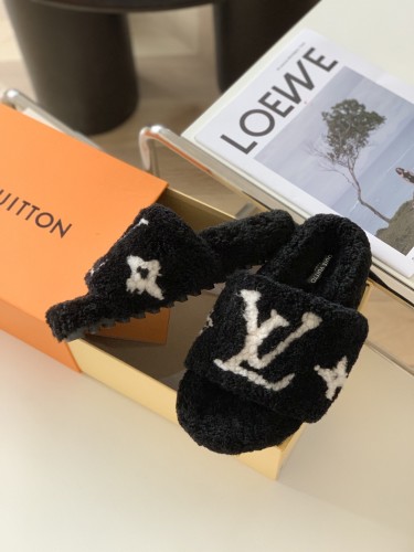 Louis Vuitton Womens Shoes Slide Slippers for Winter Wool Fabric Luxury Brand Designer PASEO FLAT COMFORT MULE with Original Box