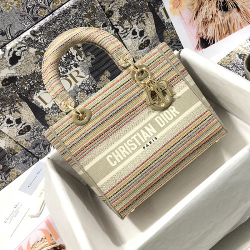 Dior Womens Bags Handbags Luxury Fashion MEDIUM LADY D-LITE BAG Multicolor Stripes Embroidery M0565ORFO_M885