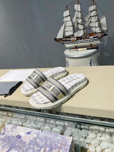 Dior Women Shoes Slippers DWAY SLIDE Luxury Brand DWAY SLIDE Cotton Embroidery with Micro Houndstooth with Original Box KCQ550PPE_S19O