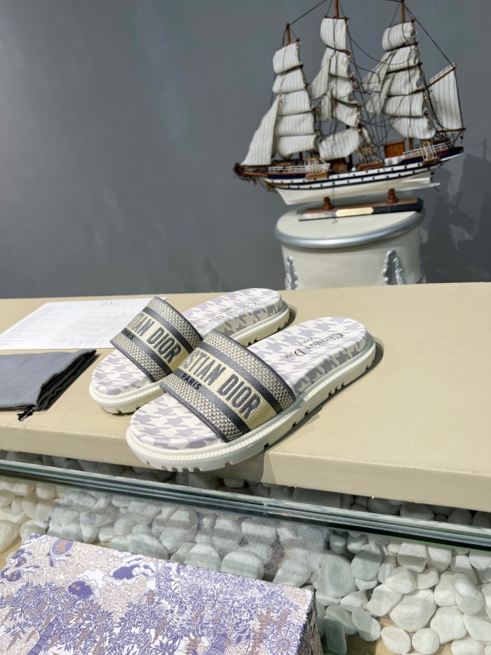 Dior Women Shoes Slippers DWAY SLIDE Luxury Brand DWAY SLIDE Cotton Embroidery with Micro Houndstooth with Original Box KCQ550PPE_S19O