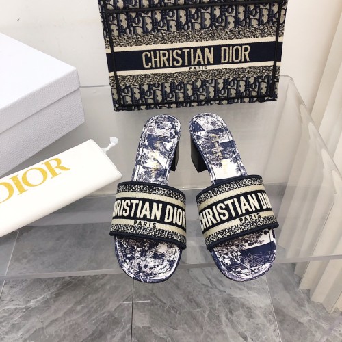 Dior Women Shoes DWAY HEELED SLIDE Embroidered Cotton Luxury Brand Womens Sandals Slippers with Original Box KCQ244ERC_S56B