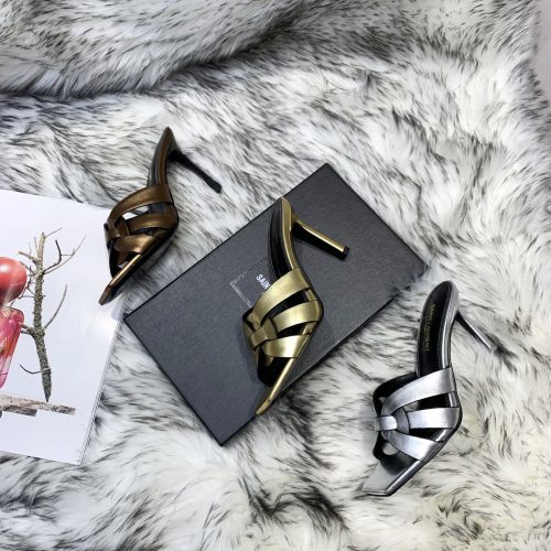 Saint Laurent YSL Womens Shoes TRIBUTE HEELED MULES IN SMOOTH LEATHER 9CM
