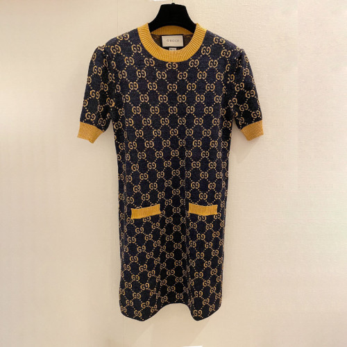 Gucci Womens Short Sleeve Dresses Luxury Brand GG lamé jacquard dress in blue and gold 692707 XKB54 4597