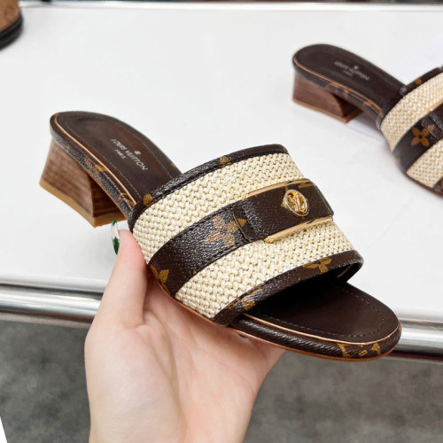 Louis Vuitton Womens Shoes Slide Slippers Luxury Brand Designer LOCK IT MULE 1AA17M Raffia and calf leather with Original Box 3.5cm Heel