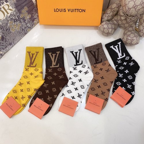 Louis Vuitton Socks 5 Pairs with Original Box Luxury Brand Breathable LV Sock